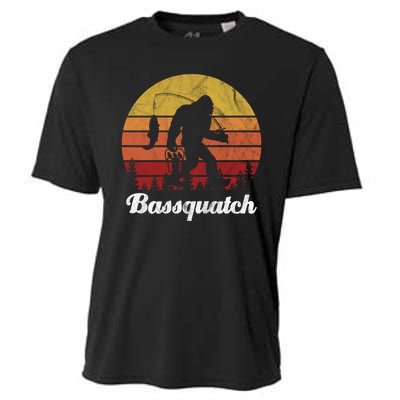 Bassquatch Bigfoot Fishing Outdoor Retro Sunset Cooling Performance Crew T-Shirt