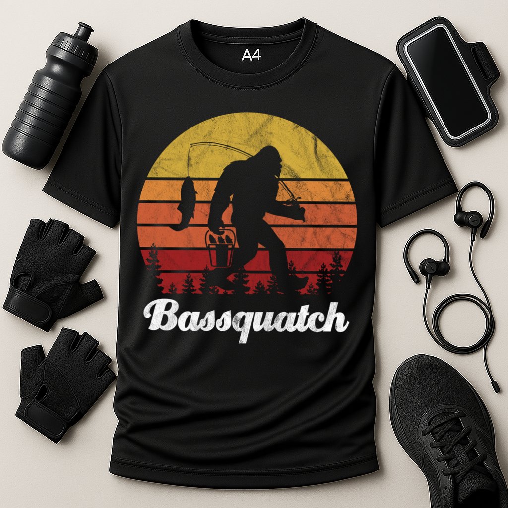 Bassquatch Bigfoot Fishing Outdoor Retro Sunset Cooling Performance Crew T-Shirt