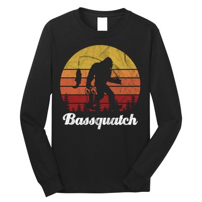 Bassquatch Bigfoot Fishing Outdoor Retro Sunset Long Sleeve Shirt