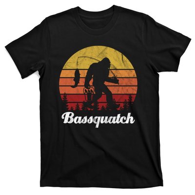 Bassquatch Bigfoot Fishing Outdoor Retro Sunset T-Shirt