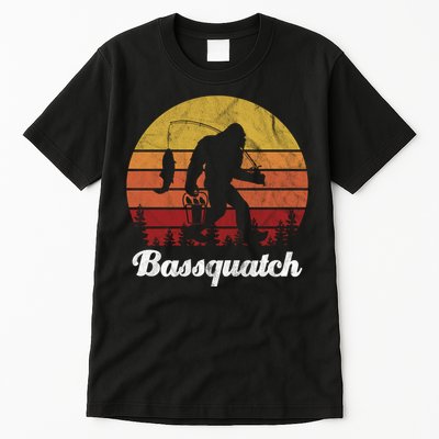 Bassquatch Bigfoot Fishing Outdoor Retro Sunset Tall T-Shirt