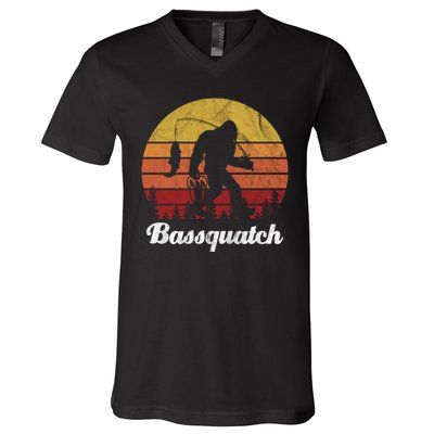 Bassquatch Bigfoot Fishing Outdoor Retro Sunset V-Neck T-Shirt