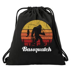 Bassquatch Bigfoot Fishing Outdoor Retro Sunset Drawstring Bag