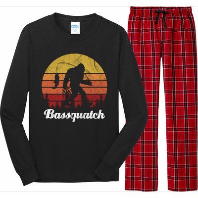 Bassquatch Bigfoot Fishing Outdoor Retro Sunset Long Sleeve Pajama Set