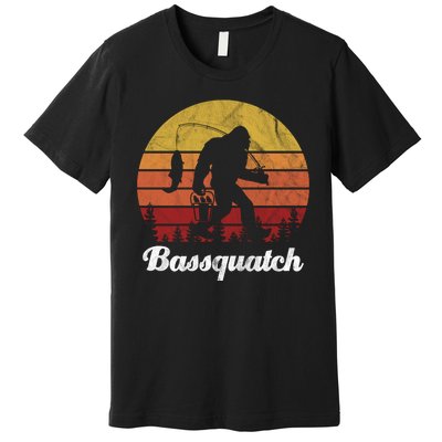 Bassquatch Bigfoot Fishing Outdoor Retro Sunset Premium T-Shirt