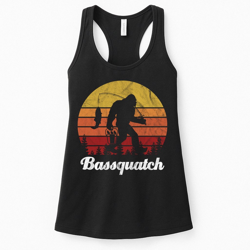 Bassquatch Bigfoot Fishing Outdoor Retro Sunset Womens Tank Top