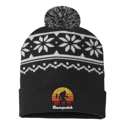 Bassquatch Bigfoot Fishing Outdoor Retro Sunset USA-Made Snowflake Beanie