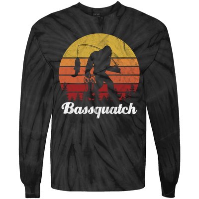 Bassquatch Bigfoot Fishing Outdoor Retro Sunset Tie-Dye Long Sleeve Shirt