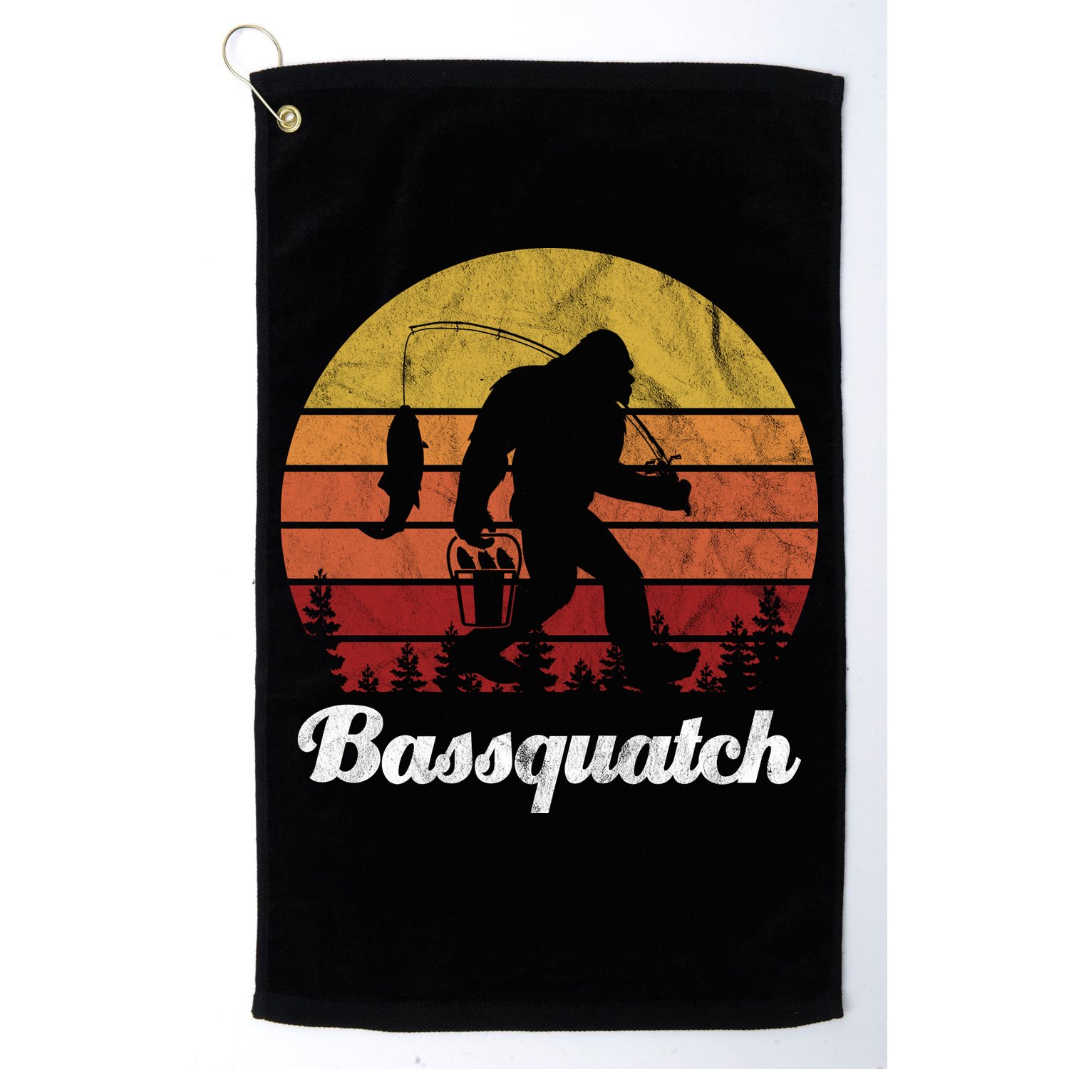 Bassquatch Bigfoot Fishing Outdoor Retro Sunset Golf Towel
