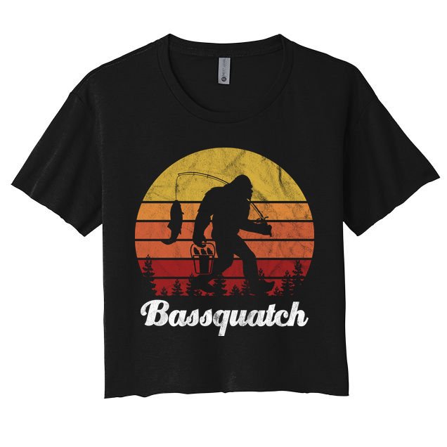 Bassquatch Bigfoot Fishing Outdoor Retro Sunset Crop Top
