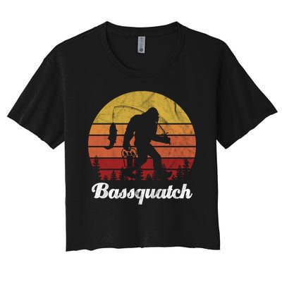 Bassquatch Bigfoot Fishing Outdoor Retro Sunset Women's Crop Top Tee