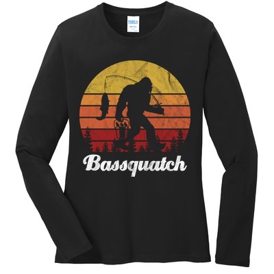 Bassquatch Bigfoot Fishing Outdoor Retro Sunset Ladies Long Sleeve Shirt