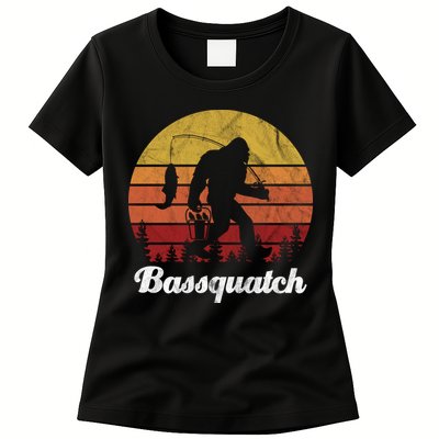 Bassquatch Bigfoot Fishing Outdoor Retro Sunset Womens T-Shirt