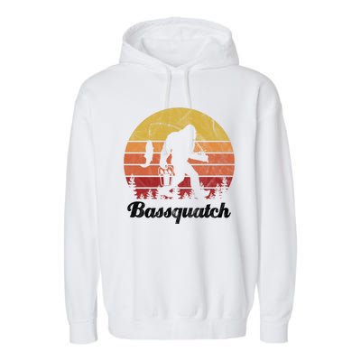 Bassquatch Bigfoot Fishing Outdoor Retro Sunset Garment-Dyed Fleece Hoodie