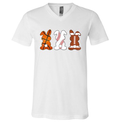 Basketball Baseball Football Sports Easter Bunny Rabbits V-Neck T-Shirt