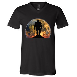 Bigfoot Believer Full Red Moon Night Sasquatch V-Neck T-Shirt