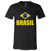 Brasil Brazilian Flag Soccer Sport Brazilian National Flag V-Neck T-Shirt