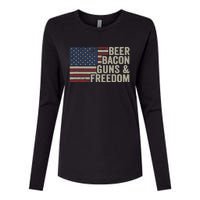 BEER BACON GUNS & FREEDOM - BBQ Vintage USA Flag Drinking Womens Cotton Relaxed Long Sleeve T-Shirt