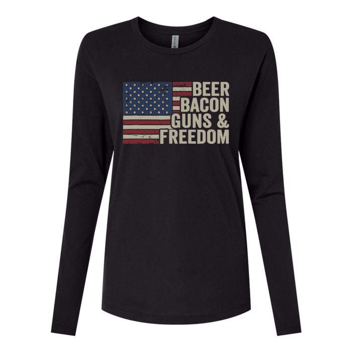 BEER BACON GUNS & FREEDOM - BBQ Vintage USA Flag Drinking Womens Cotton Relaxed Long Sleeve T-Shirt