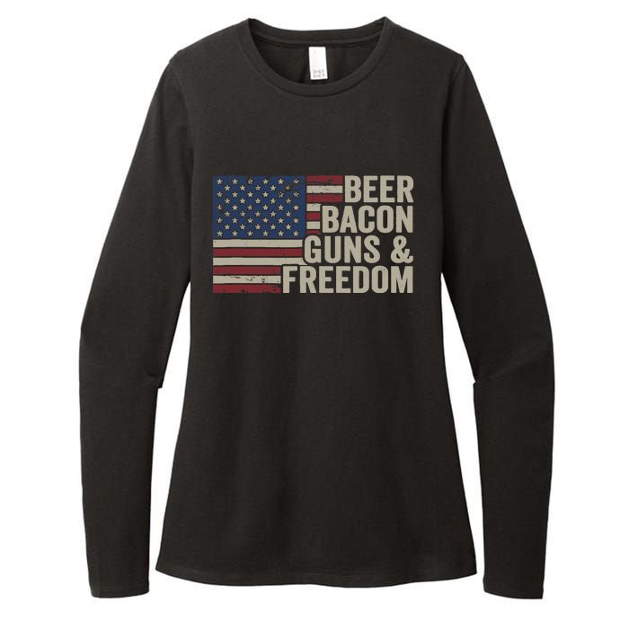 BEER BACON GUNS & FREEDOM - BBQ Vintage USA Flag Drinking Womens CVC Long Sleeve Shirt