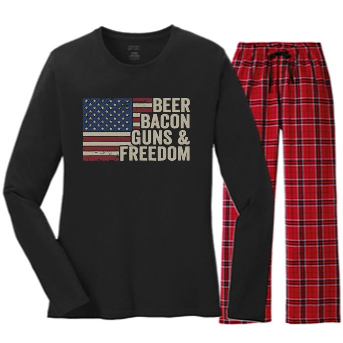 BEER BACON GUNS & FREEDOM - BBQ Vintage USA Flag Drinking Women's Long Sleeve Flannel Pajama Set 