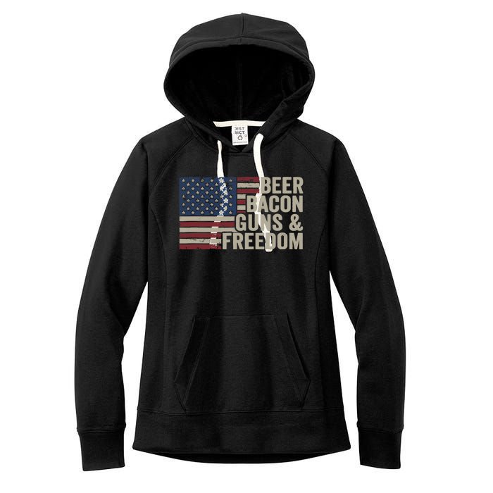 BEER BACON GUNS & FREEDOM - BBQ Vintage USA Flag Drinking Women's Fleece Hoodie