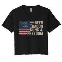 BEER BACON GUNS & FREEDOM - BBQ Vintage USA Flag Drinking Women's Crop Top Tee