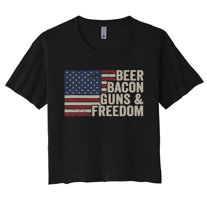 BEER BACON GUNS & FREEDOM - BBQ Vintage USA Flag Drinking Women's Crop Top Tee