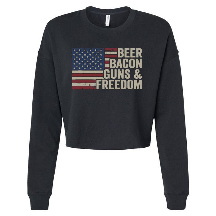 BEER BACON GUNS & FREEDOM - BBQ Vintage USA Flag Drinking Cropped Pullover Crew