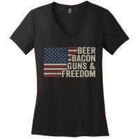 BEER BACON GUNS & FREEDOM - BBQ Vintage USA Flag Drinking Women's V-Neck T-Shirt