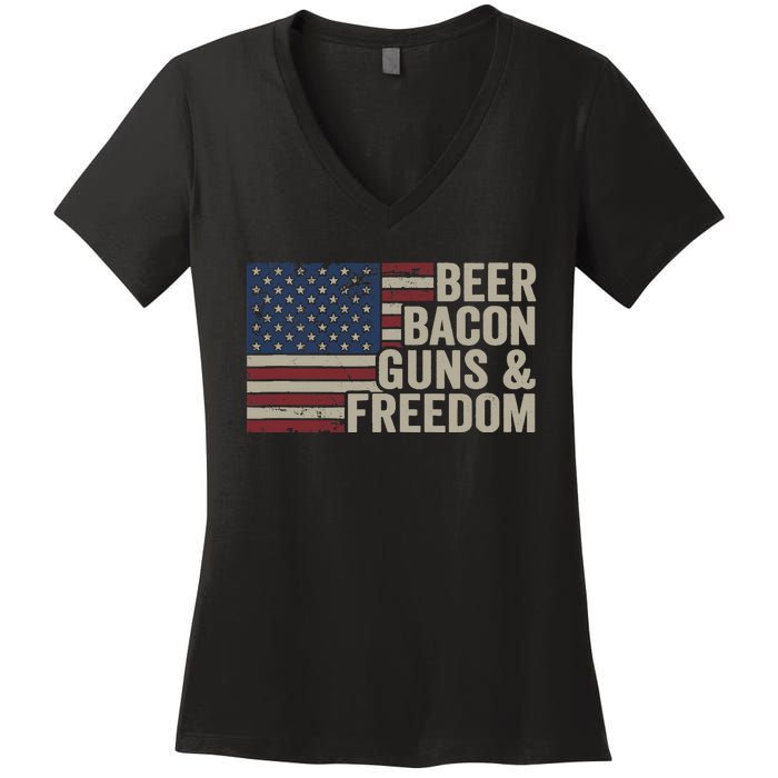 BEER BACON GUNS & FREEDOM - BBQ Vintage USA Flag Drinking Women's V-Neck T-Shirt