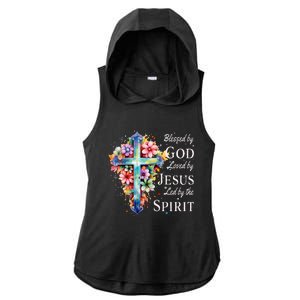 Blessed by God Loved by Jesus Floral Cross Christian Ladies PosiCharge Tri-Blend Wicking Draft Hoodie Tank