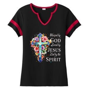 Blessed by God Loved by Jesus Floral Cross Christian Ladies Halftime Notch Neck Tee