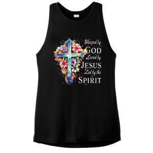 Blessed by God Loved by Jesus Floral Cross Christian Ladies PosiCharge Tri-Blend Wicking Tank