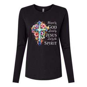 Blessed by God Loved by Jesus Floral Cross Christian Womens Cotton Relaxed Long Sleeve T-Shirt