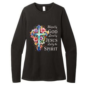 Blessed by God Loved by Jesus Floral Cross Christian Womens CVC Long Sleeve Shirt