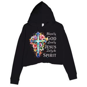 Blessed by God Loved by Jesus Floral Cross Christian Crop Fleece Hoodie