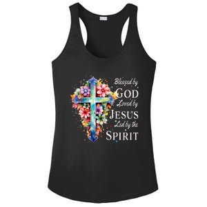 Blessed by God Loved by Jesus Floral Cross Christian Ladies PosiCharge Competitor Racerback Tank