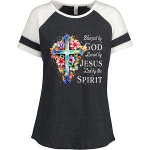 Blessed by God Loved by Jesus Floral Cross Christian Enza Ladies Jersey Colorblock Tee