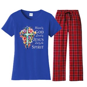 Blessed by God Loved by Jesus Floral Cross Christian Women's Flannel Pajama Set