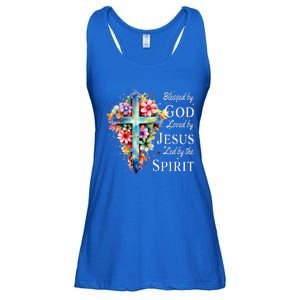 Blessed by God Loved by Jesus Floral Cross Christian Ladies Essential Flowy Tank