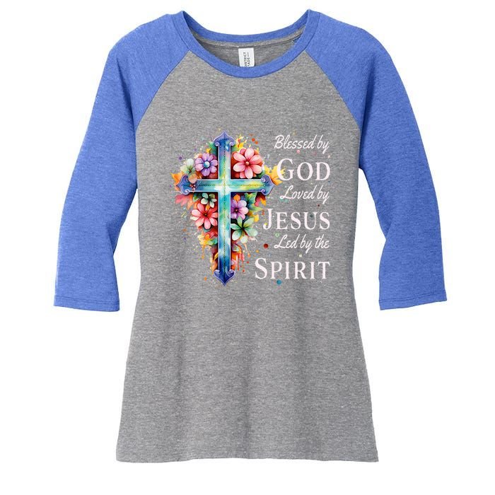 Blessed by God Loved by Jesus Floral Cross Christian Women's Tri-Blend 3/4-Sleeve Raglan Shirt