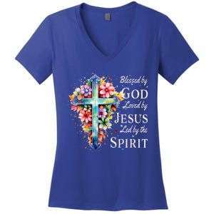 Blessed by God Loved by Jesus Floral Cross Christian Women's V-Neck T-Shirt