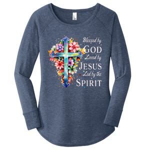 Blessed by God Loved by Jesus Floral Cross Christian Women's Perfect Tri Tunic Long Sleeve Shirt