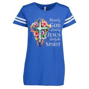 Blessed by God Loved by Jesus Floral Cross Christian Enza Ladies Jersey Football T-Shirt