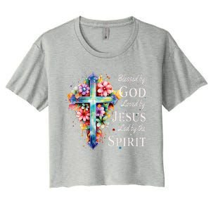 Blessed by God Loved by Jesus Floral Cross Christian Women's Crop Top Tee