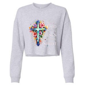 Blessed by God Loved by Jesus Floral Cross Christian Cropped Pullover Crew