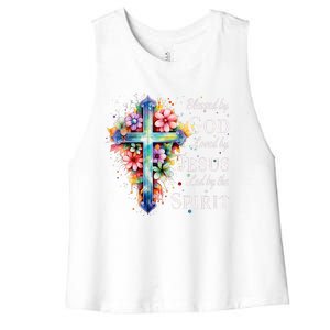 Blessed by God Loved by Jesus Floral Cross Christian Women's Racerback Cropped Tank