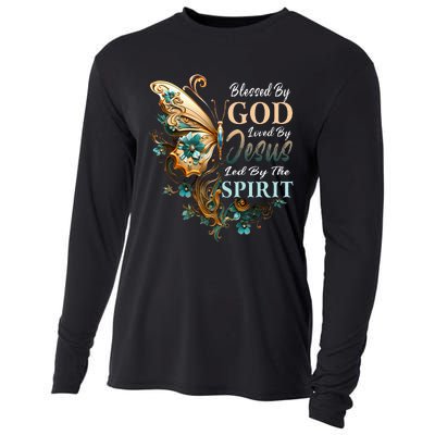 Blessed By God Led By Jesus Floral Butterfly Christian Cooling Performance Long Sleeve Crew