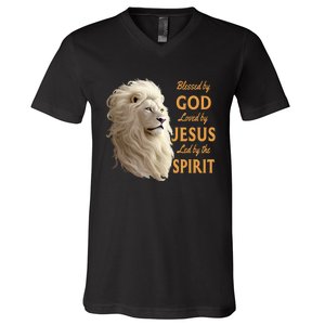 Blessed By God Loved By Jesus Christian Lion V-Neck T-Shirt